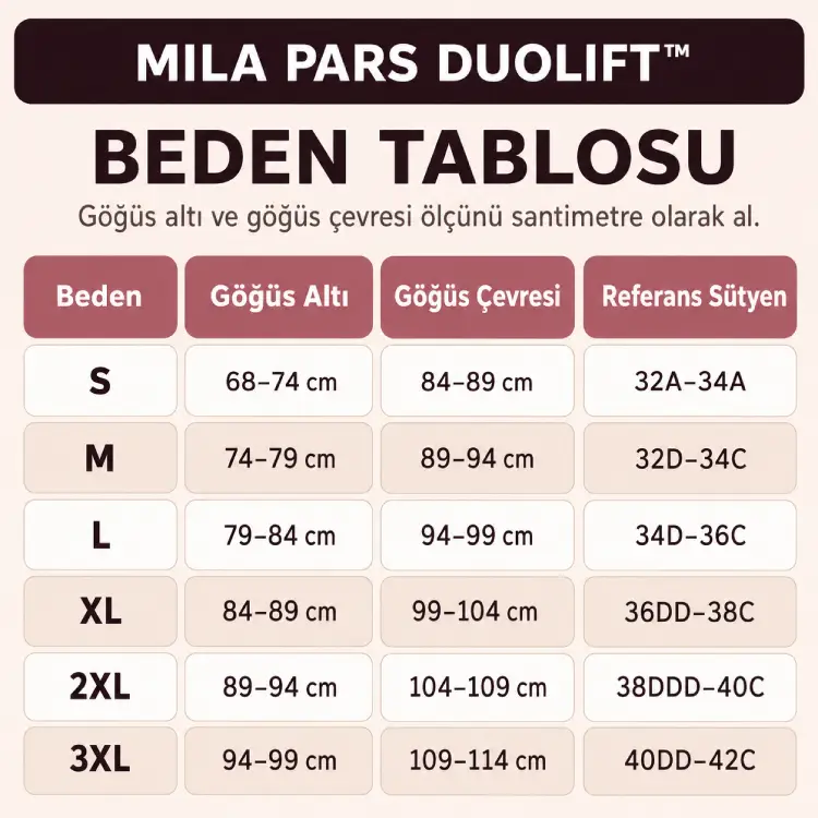 Mila Pars DuoLift beden tablosu